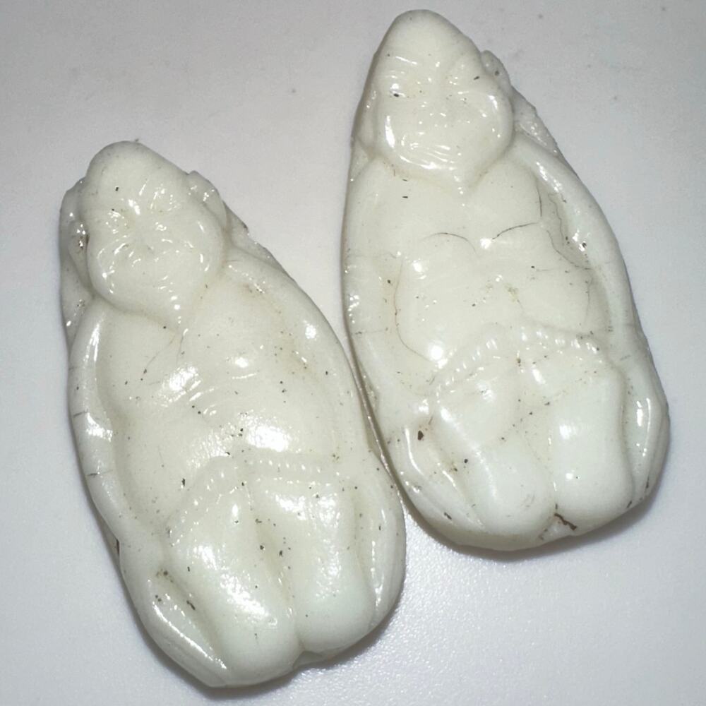 Rare set 2 antique molded Czech uranium white milk glass Billiken figural beads